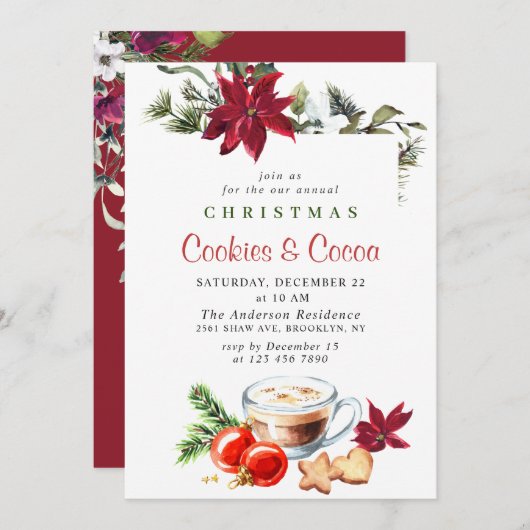 ポインセチア・クリスマス・クッキー&ココア・ホリディパーティー 招待状 (正面/裏面)
