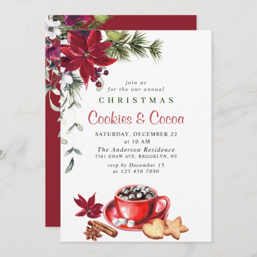 ポインセチア・クリスマス・クッキー&ココア・ホリディパーティー 招待状 (正面/裏面)