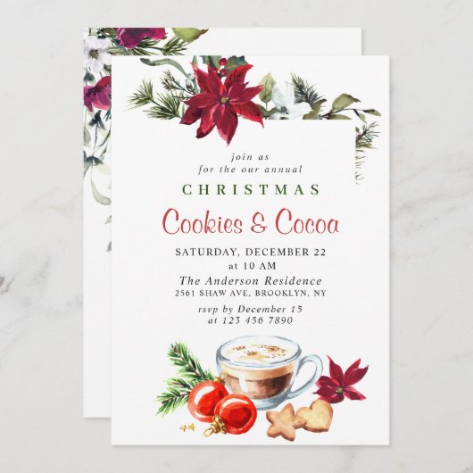 ポインセチア・クリスマス・クッキー&ココア・ホリディパーティー 招待状 (正面/裏面)