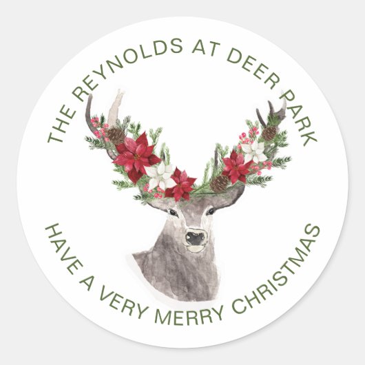ポインセチア・クリスマス・トナカイ ラウンドシール (正面)