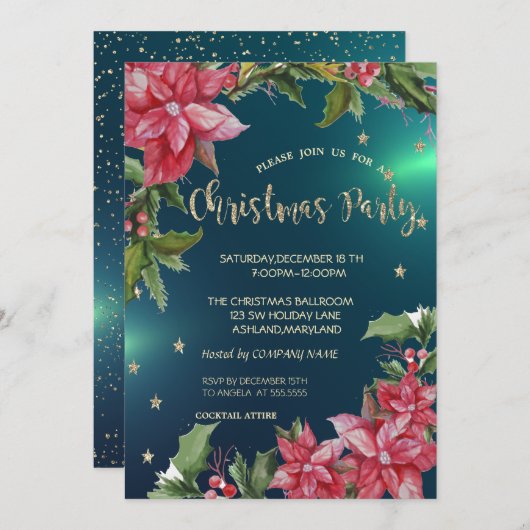 ポインセチア、スターズグリーンカンパニークリスマスパーティー 招待状 (正面/裏面)