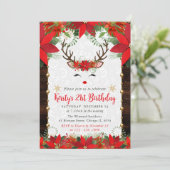 ポインセチア&トナカイ顔クリスマス誕生日 招待状 (スタンド正面)