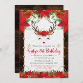 ポインセチア&トナカイ顔クリスマス誕生日 招待状 (正面/裏面)