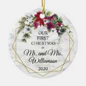 ポインセチア·パイン·金ゴールド·フレーム1聖結婚した降誕祭 セラミックオーナメント (正面)