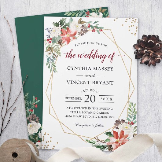 ポインセチア フラワーズ ゴールド ジオメトリック フレーム ウェディング 招待状