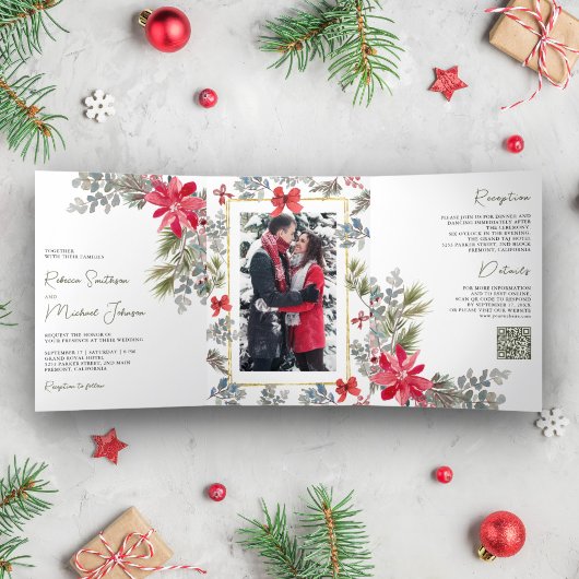 ポインセチア フラワー 写真 QRコード クリスマス ウェディング 三つ折り招待状