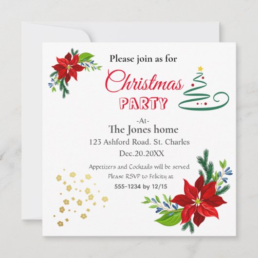 ポインセチア・ブーケ、クリスマスパーティー 招待状 (正面)