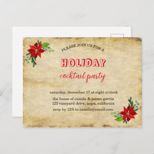 ポインセチア・ブーケ、ヴィンテージクリスマスパーティー インビテーションポストカード (正面/裏面)