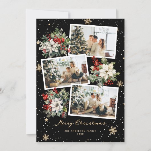 ポインセチア・ホリーブラックフォトメリークリスマスカード シーズンカード (正面)