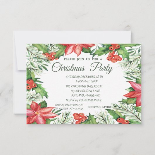 ポインセチア、ホリーベリー会社クリスマスパーティー 招待状 (正面)