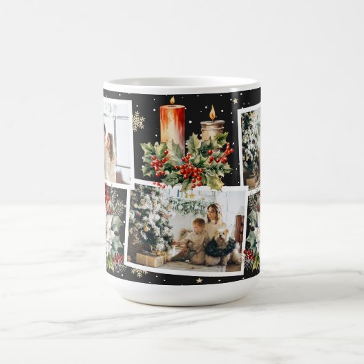 ポインセチア・ホリーベリー黒写真クリスマス コーヒーマグカップ (中央)