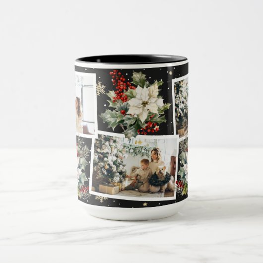 ポインセチア・ホリーベリー黒写真クリスマス マグカップ (中央)