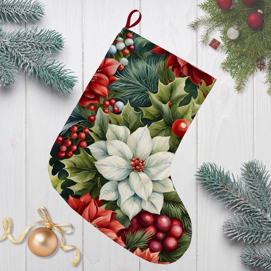 ポインセチア&ホリーベリー ラージクリスマスストッキング