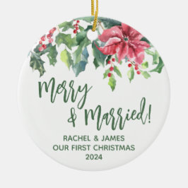 ポインセチア&ホリー初めてのクリスマスメリー&結婚した セラミックオーナメント