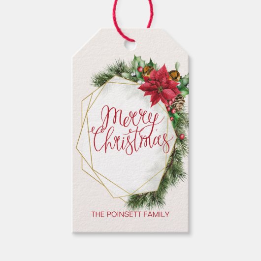 ポインセチア、ホリー、松、コーンクリスマス ギフトタグ (正面)