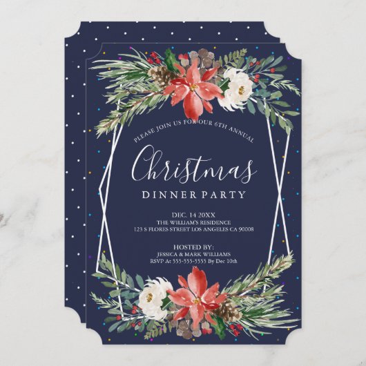 ポインセチア&ホワイトローズクリスマスディナー招待状 招待状 (正面/裏面)