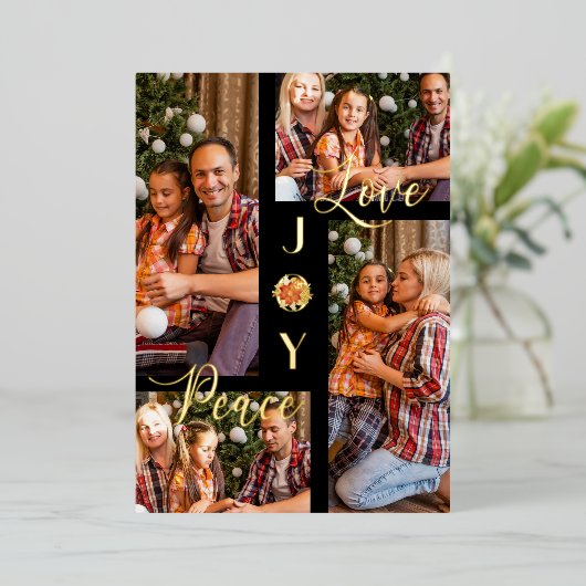 ポインセチア ミニマル モダン 4 枚の写真 コラージュ 箔シーズンカード (立ち正面)