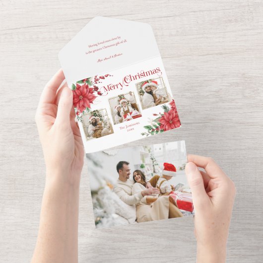 ポインセチア&メリークリスマスタイポグラフィ3 – 写真 オールインワン招待状 (貼ってはがせる)