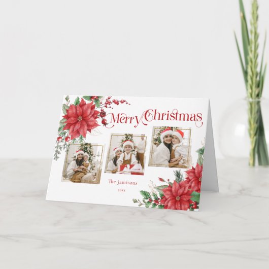 ポインセチア&メリークリスマスタイポグラフィ3 – 写真 シーズンカード (正面)