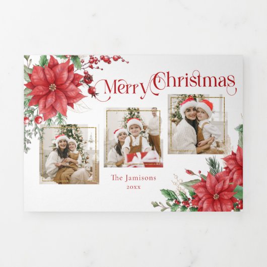 ポインセチア&メリークリスマスタイポグラフィ3 – 写真 三つ折りクリスマスカード (カバー)