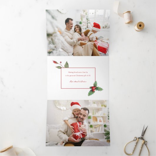 ポインセチア&メリークリスマスタイポグラフィ3 – 写真 三つ折りクリスマスカード (内部)