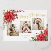 ポインセチア&メリークリスマスタイポグラフィ3 – 写真 箔シーズンカード (正面)
