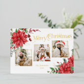 ポインセチア&メリークリスマスタイポグラフィ3 – 写真 箔シーズンカード (立ち正面)