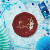 ポインセチア・メリークリスマス・ホワイト・ブルゴーニュエレガント ペーパープレート (パーティー)