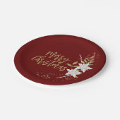 ポインセチア・メリークリスマス・ホワイト・ブルゴーニュエレガント ペーパープレート (アングル)