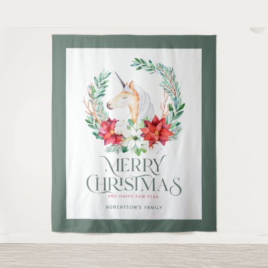 ポインセチア・ユニコーンリースとクリスマスタイポグラフィ タペストリー (正面)