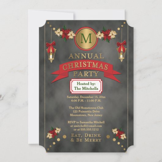 ポインセチア | ランタンズモノグラムクリスマスパーティー 招待状 (正面)