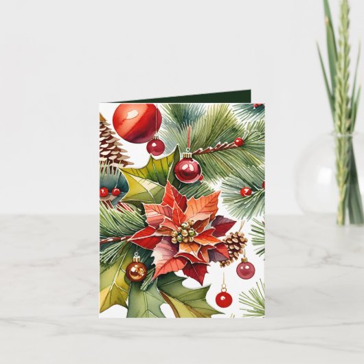 ポインセチア&レッドオーナメント写真&ファクトクリスマス カード (正面)