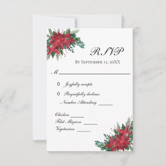 ポインセチア レッド クリスマス 冬の結婚式 RSVP カード (正面)
