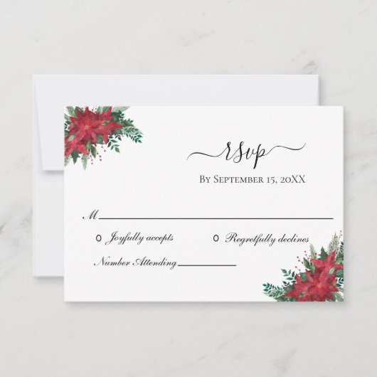 ポインセチア レッド クリスマス 冬の結婚式 RSVP カード (正面)