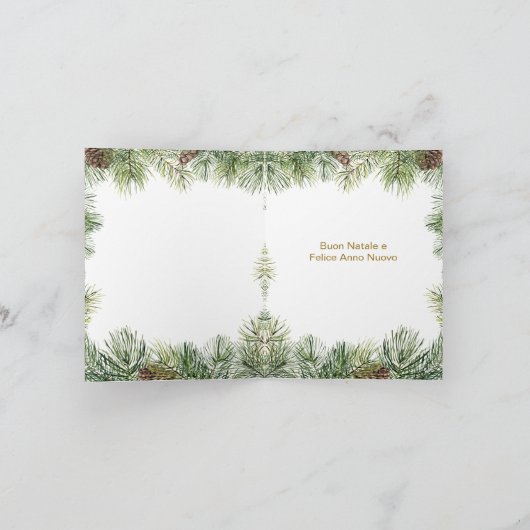 ポインセチア,ロウソク,松,鐘のイタリアンクリスマス シーズンカード (内部)