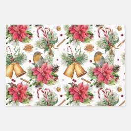 ポインセチア、ロビン、ベル、キャンドル、赤ベリー ラッピングペーパーシート