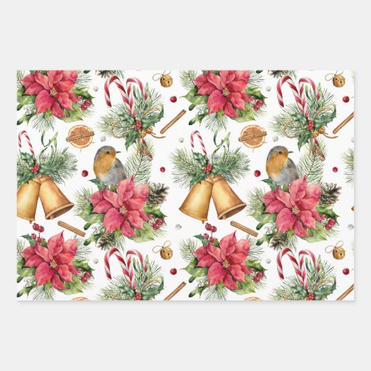 ポインセチア、ロビン、ベル、キャンドル、赤ベリー ラッピングペーパーシート (正面)