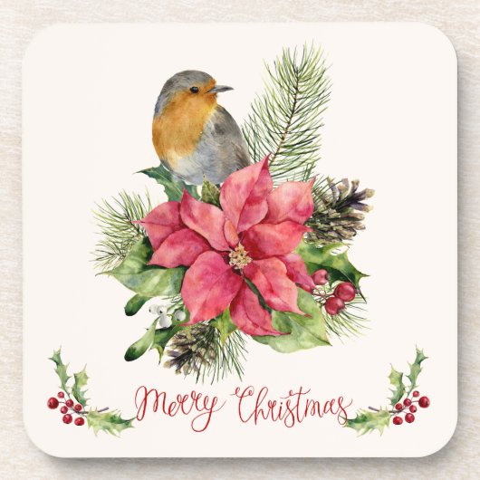 ポインセチア、ロビン、ホリー、松、コーンクリスマス コースター (正面)