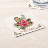 ポインセチア，ロビン，ホリー，松，コーンクリスマス スクエアペーパーコースター (アングル)