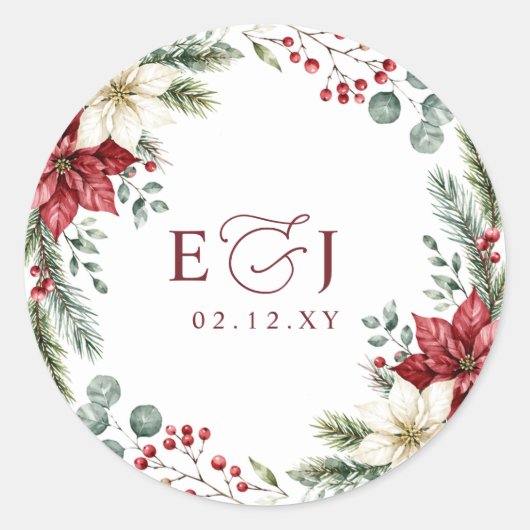 ポインセチア 松かさ 植物画風 クリスマス ウェディング ラウンドシール (正面)