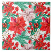 ポインセチア、松の枝と赤い果実 タイル (正面)