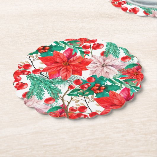 ポインセチア、松の枝と赤い果実 ペーパーコースター (アングル)