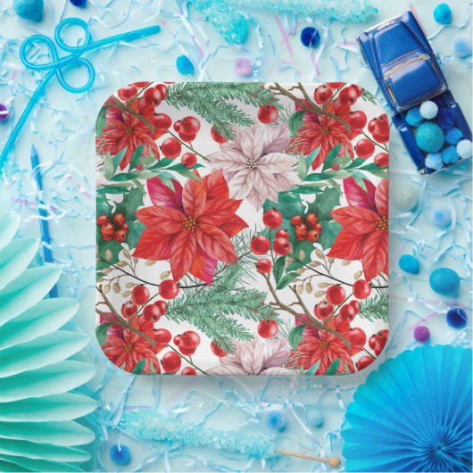 ポインセチア、松の枝と赤い果実 ペーパープレート (パーティー)