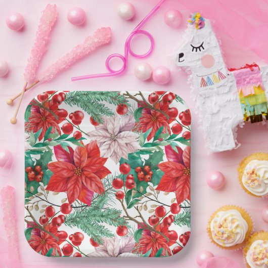 ポインセチア、松の枝と赤い果実 ペーパープレート (パーティー)