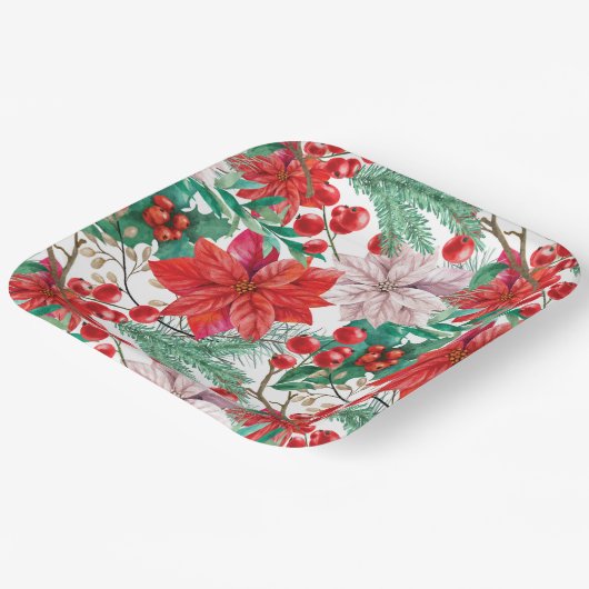 ポインセチア、松の枝と赤い果実 ペーパープレート (傾斜あり)