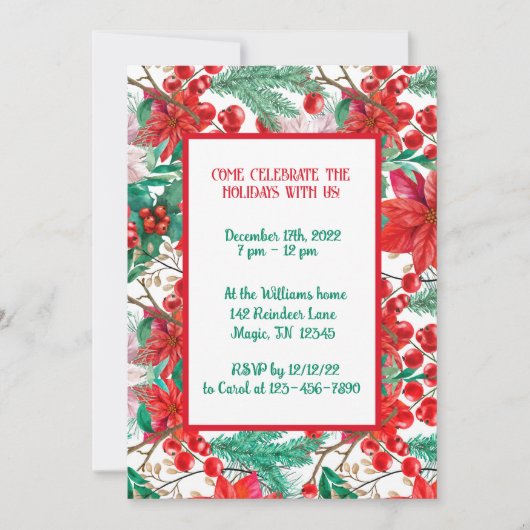 ポインセチア、松の枝と赤い果実 招待状 (正面)