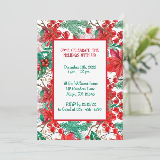 ポインセチア、松の枝と赤い果実 招待状 (スタンド正面)