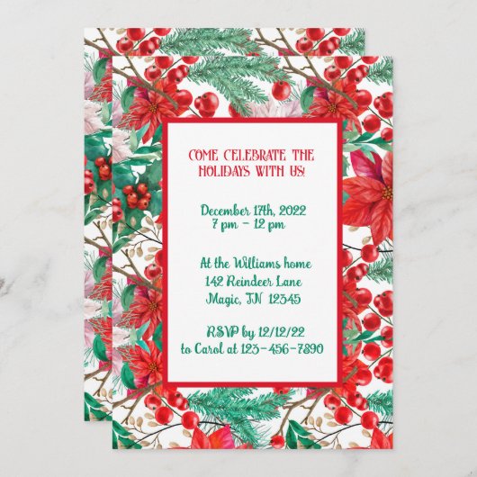 ポインセチア、松の枝、赤い実 招待状 (正面/裏面)