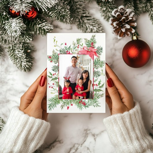 ポインセチア、松、ヒイラギの植物写真クリスマス シーズンカード
