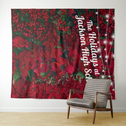 ポインセチア 赤と緑の葉のホリデー フォト 背景 タペストリー (インサイチュ(横))